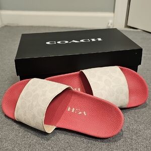 COACH Beige Signature Strap Slide Sandals with Pink Footbed 10B MEDIUM